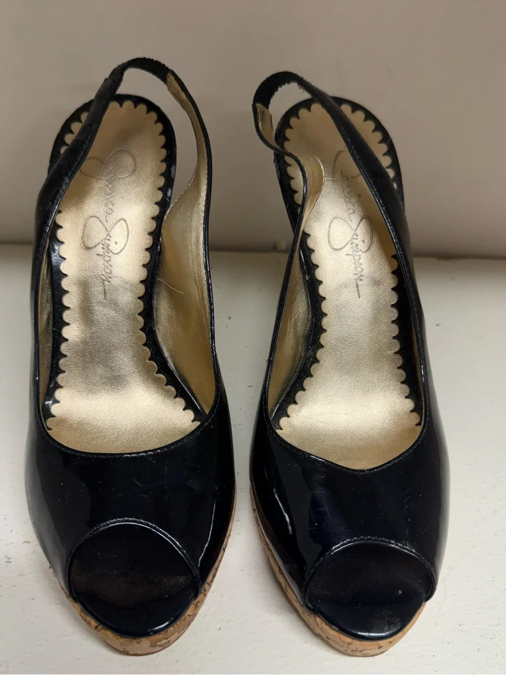 Jessica Simpson Black Patent Peep-Toe Slingback Wedges